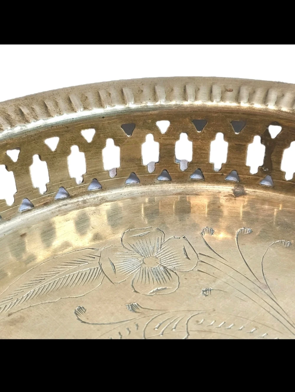 Vintage Brass Reticulated Edge Tray  Etched Engraved Serving  Decorative Tray